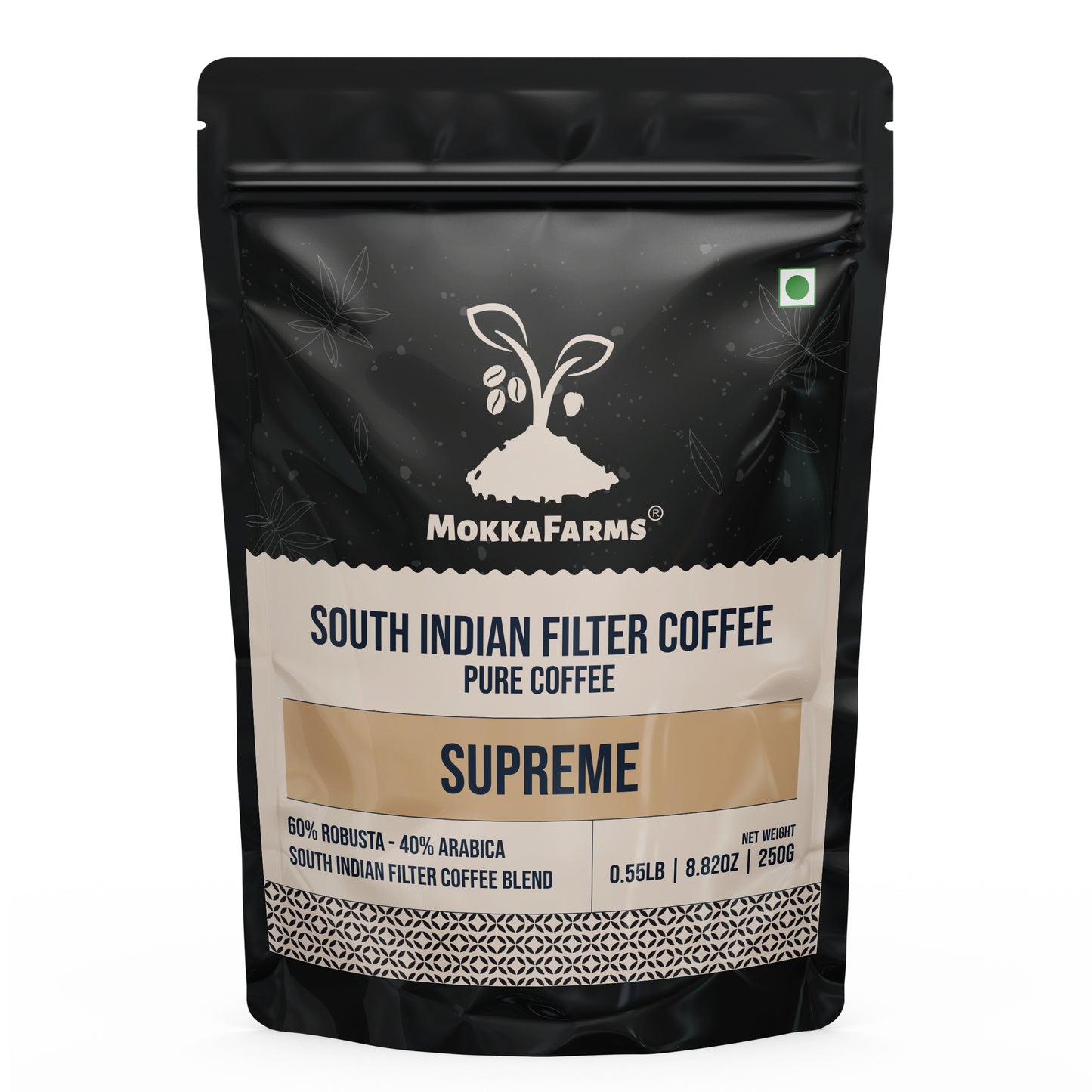 MokkaFarms South Indian Filter Supreme Coffee | 40% Arabica - 60% Robusta Blend | 0% Chicory | Rich, Flavourful & Aromatic | Farm to Fork | Freshly Roast & Ground, Single Origin Coffee | One-way Valve Zip-lock Bag/ Pouch |
