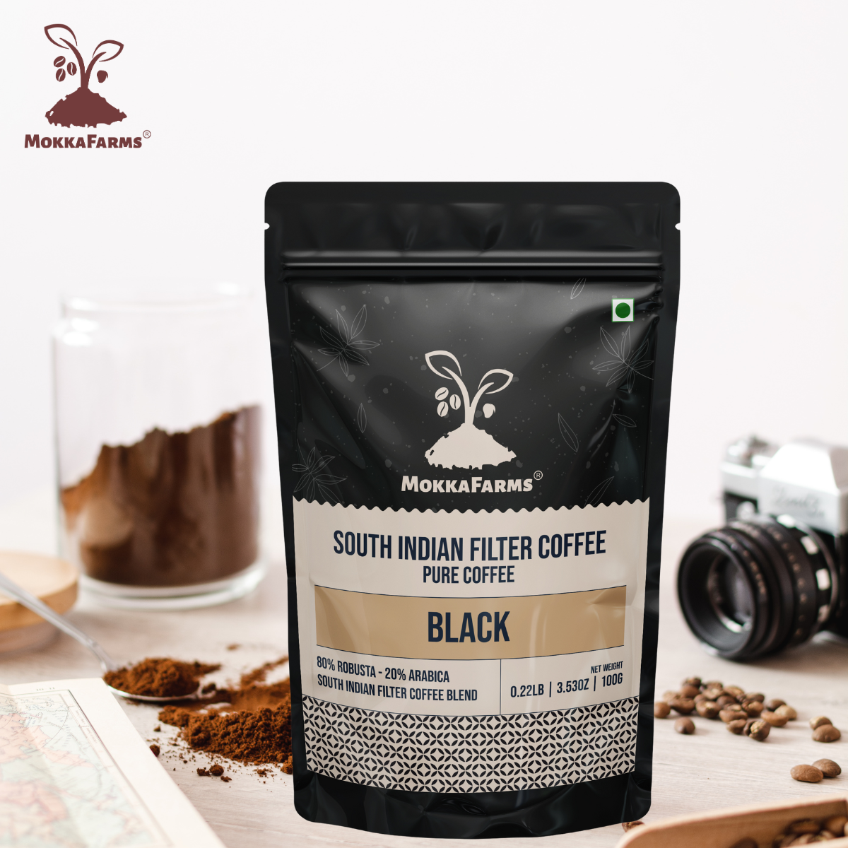 MokkaFarms South Indian Filter Black Coffee | 80% Robusta - 20% Robusta Blend | 0% Chicory | Rich, Flavourful & Aromatic | Farm to Fork | Freshly Roast & Ground, Single Origin Coffee | One-way Valve Zip-lock Bag/ Pouch |