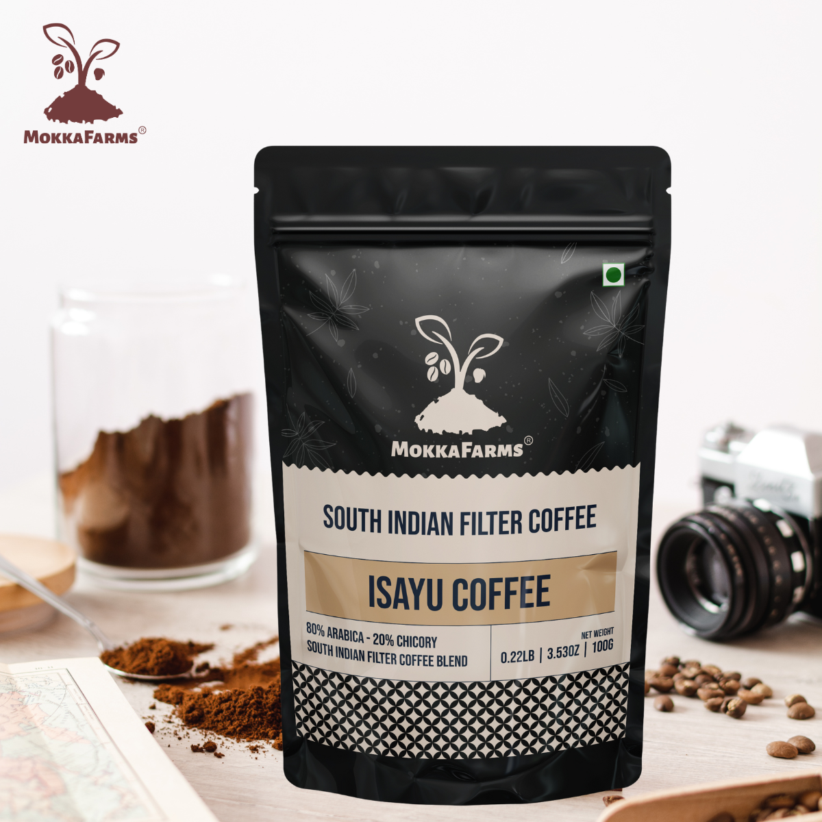 MokkaFarms Traditional South Indian Filter Coffee - Isayu Coffee | 80% Arabica - 20% Chicory Blend | Freshly Roast & Ground, Strong & Flavorful | Farm to Fork | One-way Valve Zip-lock Bag |