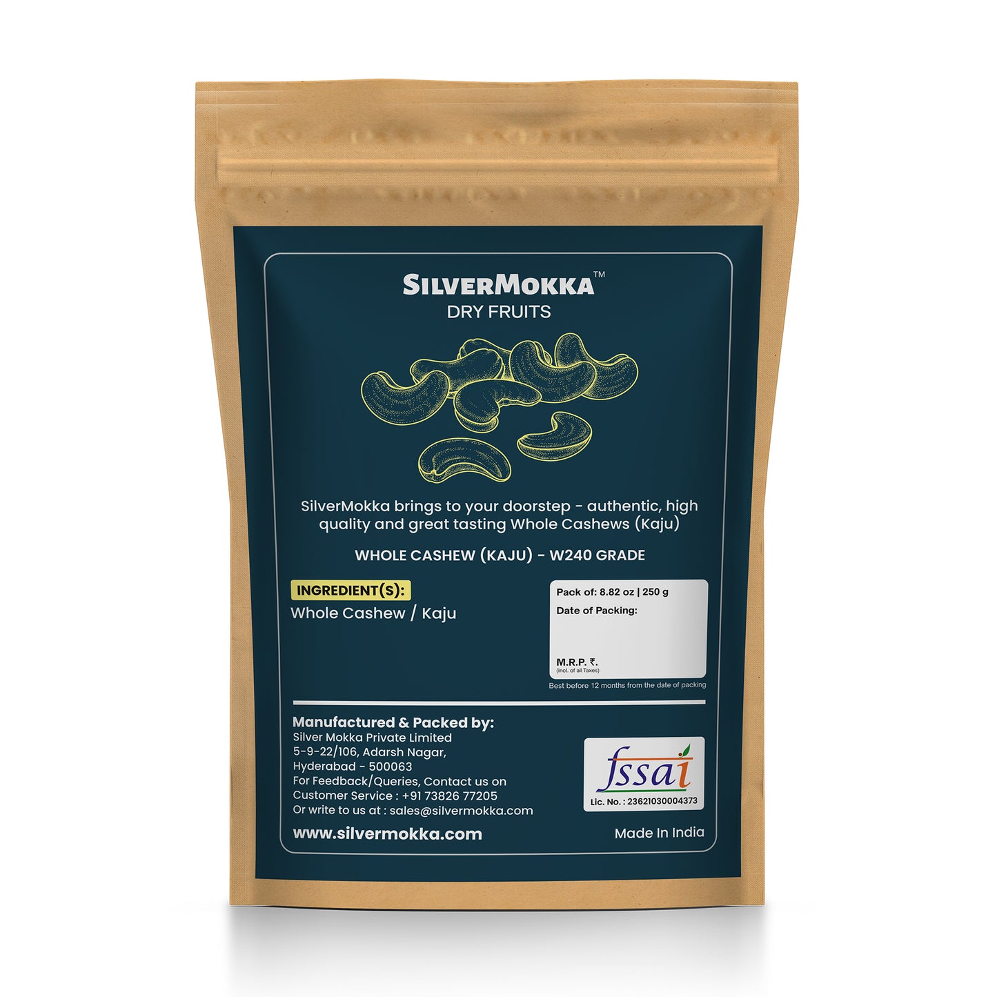 SilverMokka Premium Cashew/ Kaju - W240 Medium Grade | Whole Cashews | 100% Natural | Dry Fruits, Nuts | Great Taste, Crunchy and Buttery Flavour | Farm to Fork | Zip-lock Bag