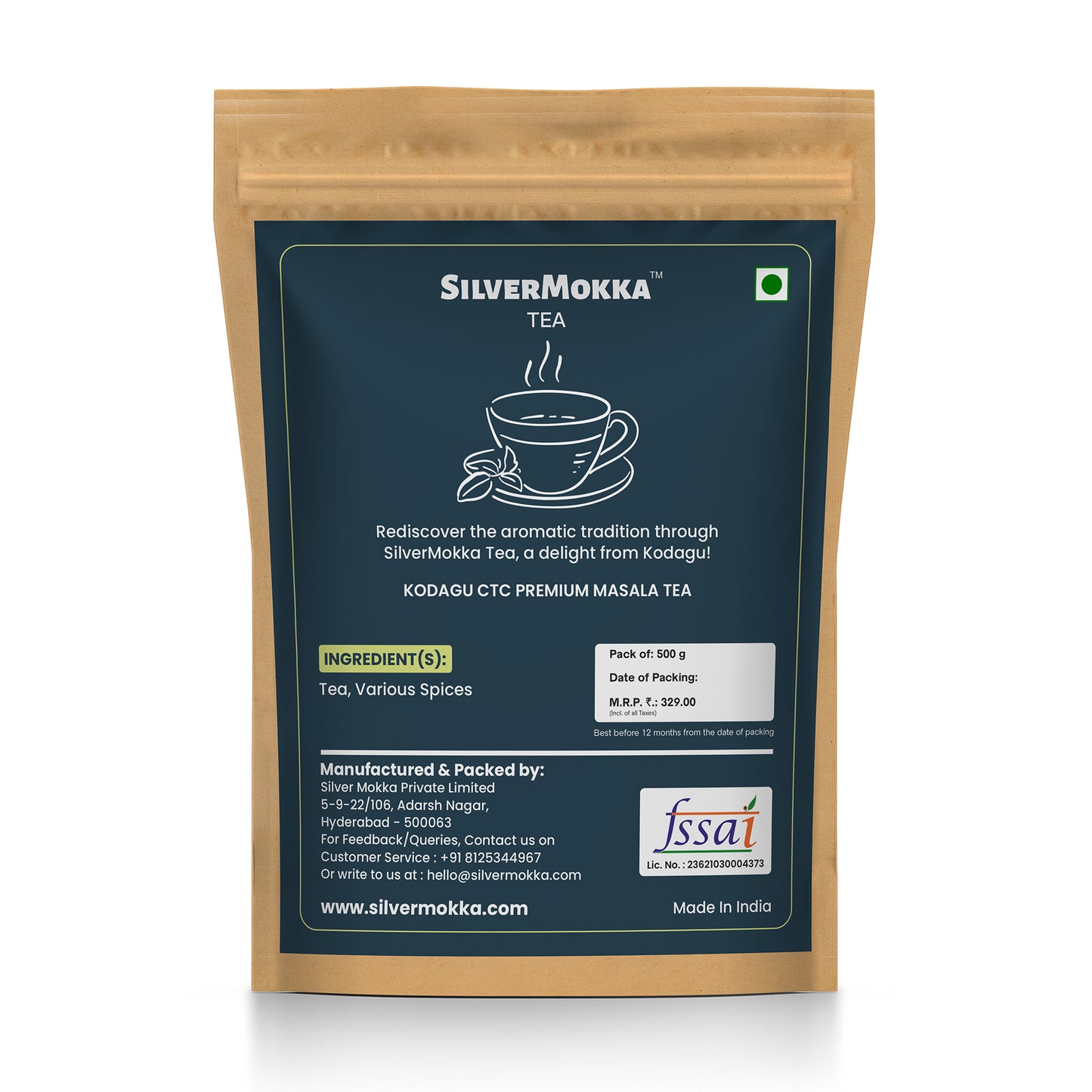 SilverMokka Premium CTC Kodagu Masala Tea | Authentic, Pure, Original 100% Kodagu Handpicked CTC Tea | Single Origin Tea | Strong, Aromatic and Flavorful Spices Mixed Tea | Zip-lock Pouch/Bag