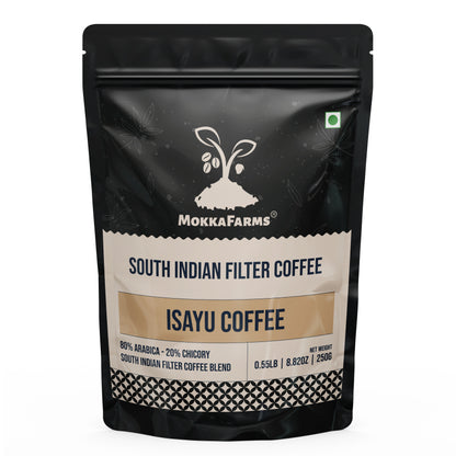 MokkaFarms Traditional South Indian Filter Coffee - Isayu Coffee | 80% Arabica - 20% Chicory Blend | Freshly Roast & Ground, Strong & Flavorful | Farm to Fork | One-way Valve Zip-lock Bag |