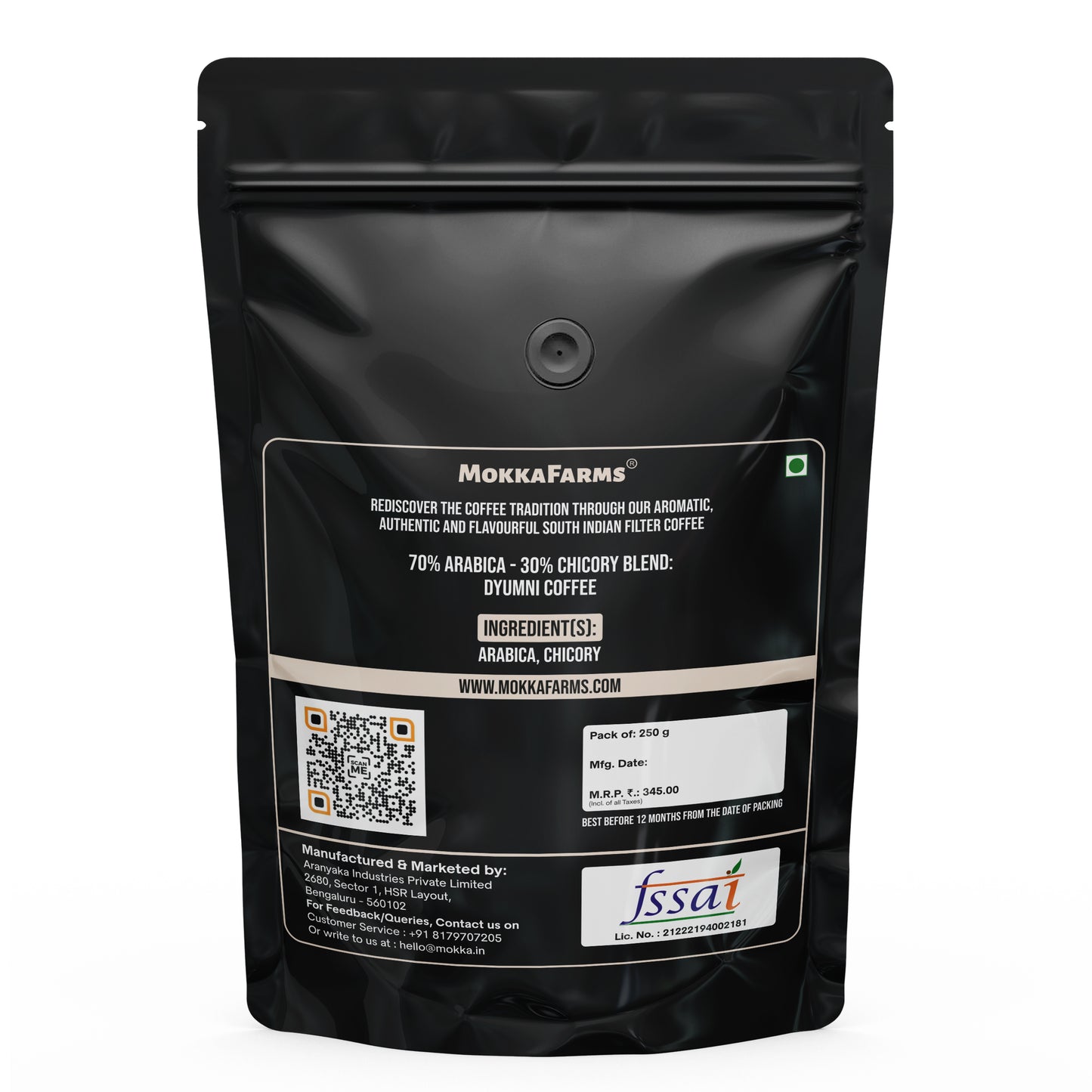 MokkaFarms Traditional South Indian Filter Coffee - Dyumni Coffee | 70% Arabica - 30% Chicory Blend | Freshly Roast & Ground, Strong & Flavourful | Farm to Fork | One-way Valve Zip-lock Bag |