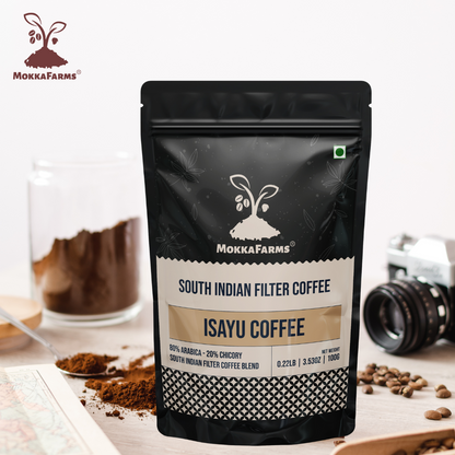 MokkaFarms Traditional South Indian Filter Coffee - Isayu Coffee | 80% Arabica - 20% Chicory Blend | Freshly Roast & Ground, Strong & Flavorful | Farm to Fork | One-way Valve Zip-lock Bag |