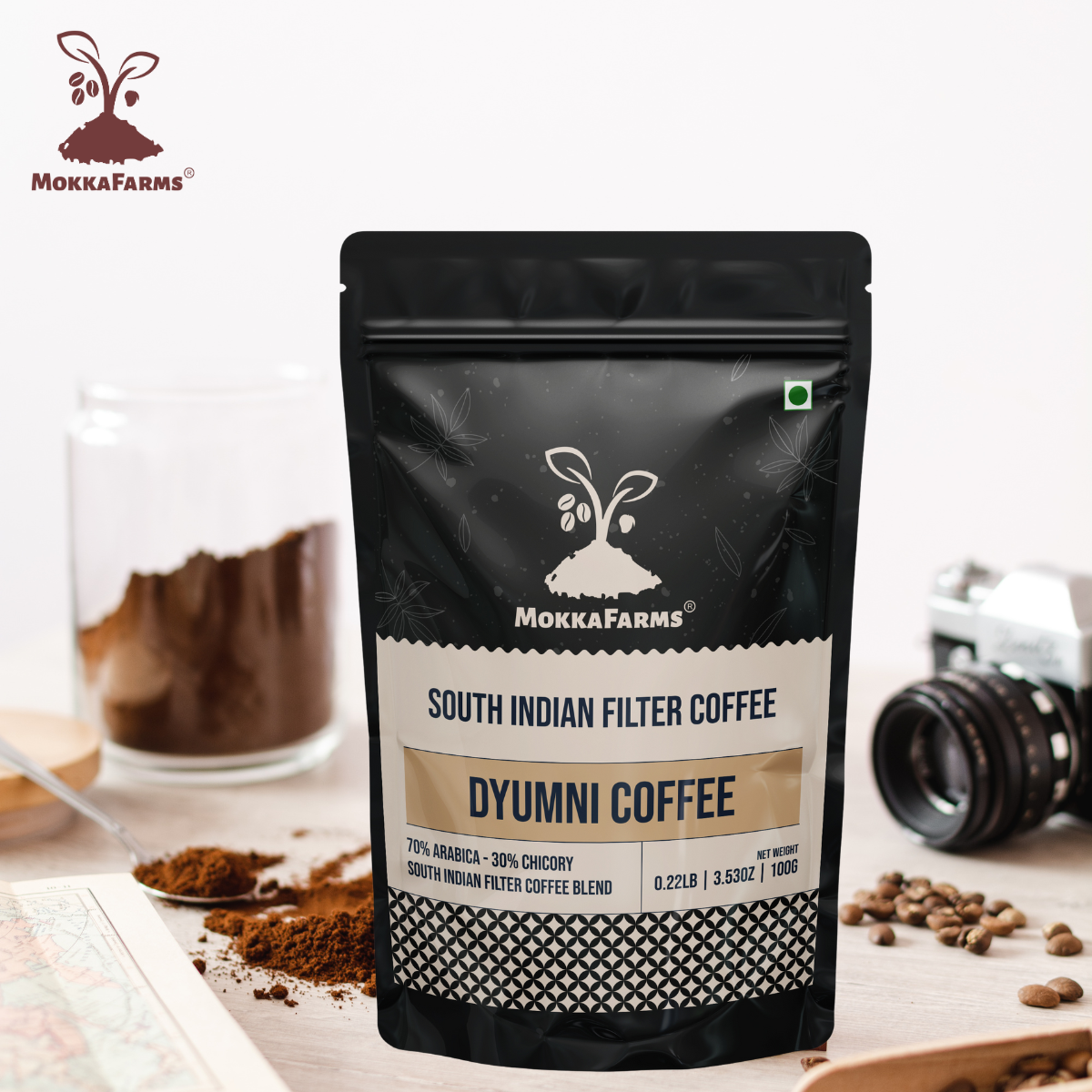 MokkaFarms Traditional South Indian Filter Coffee - Dyumni Coffee | 70% Arabica - 30% Chicory Blend | Freshly Roast & Ground, Strong & Flavourful | Farm to Fork | One-way Valve Zip-lock Bag |