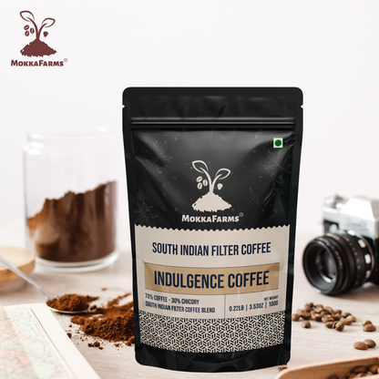 MokkaFarms Traditional South Indian Filter Coffee - Indulgence Coffee | 70% Coffee, 30% Chicory | Fresh Roast & Ground, Strong, Flavour | Farm to Fork, Estate Coffee | One-way Valve Zip-lock Bag |