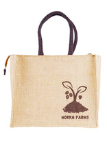 Load image into Gallery viewer, MOKKAFARMS 100% Jute Bags | Multi-purpose Bag | Grocery + Shopping Bag | Secure Zip Closure | Food-grade | Carry All Large Bag | 15in x 12.5in x 7.5in