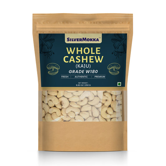SilverMokka Premium Cashew/ Kaju - W180 Large Grade | Whole Cashews | 100% Natural | Dry Fruits, Nuts | Great Taste, Crunchy and Buttery Flavour | Farm to Fork | Zip-lock Bag