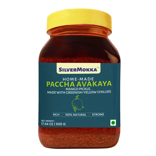 SilverMokka Traditional Andhra Pickles | Home-made | Paccha Avakaya (Greenish Yellow) | Farm Grown Natural Raw Mangoes + Green Chilli Powder + Cold Pressed Gingelly Oil | No Garlic |