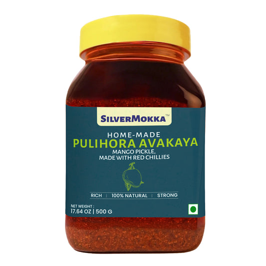 SilverMokka Traditional Andhra Pickles | Home-made | Pulihora Avakaya | Lemon-Rice Pickle | Farm Grown Natural Raw Mangoes + Red Chilli Powder + Cold Pressed Gingelly Oil | No Garlic |